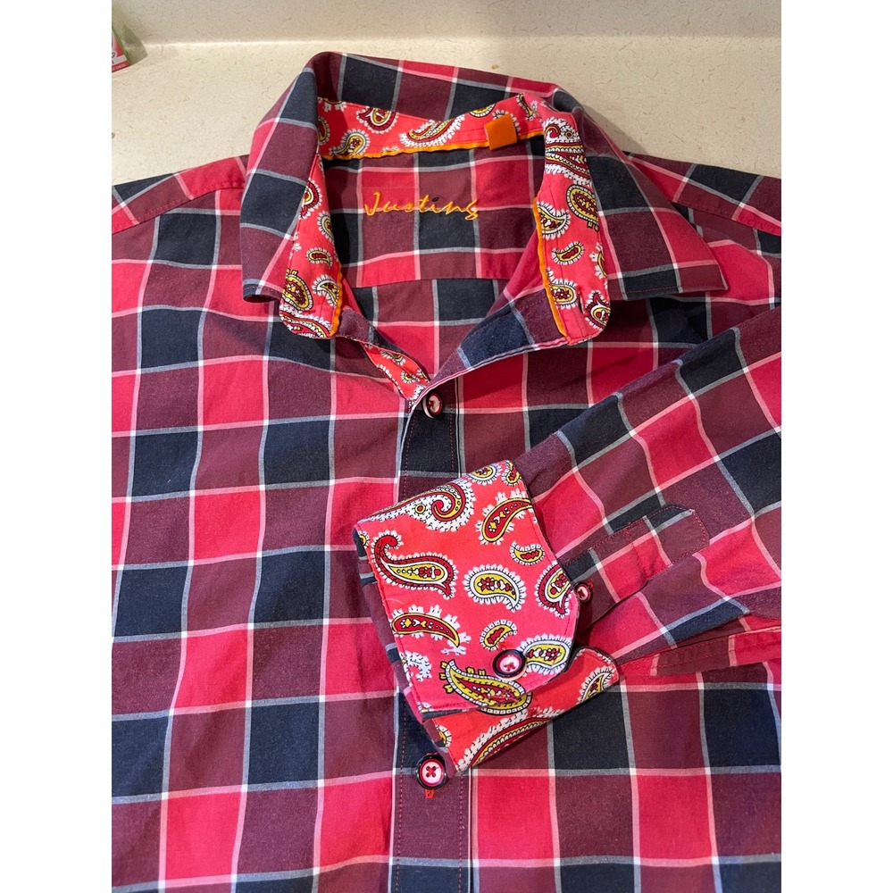 Justing Button Down Shirt Mens L Red Black Plaid Excellent Paisley Trim